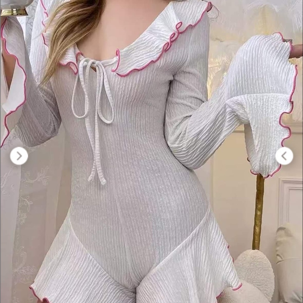 White Ribbed Long-Sleeve Romper with Pink Trim